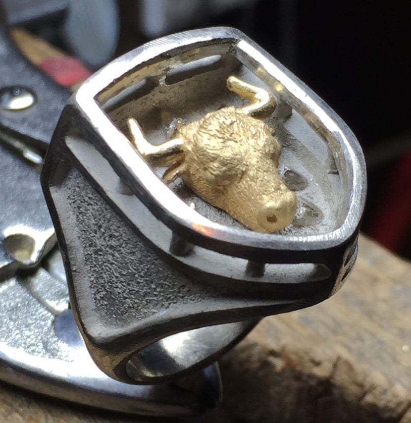 The Mans bull ring is shown in wax as well as partly finished in gold.